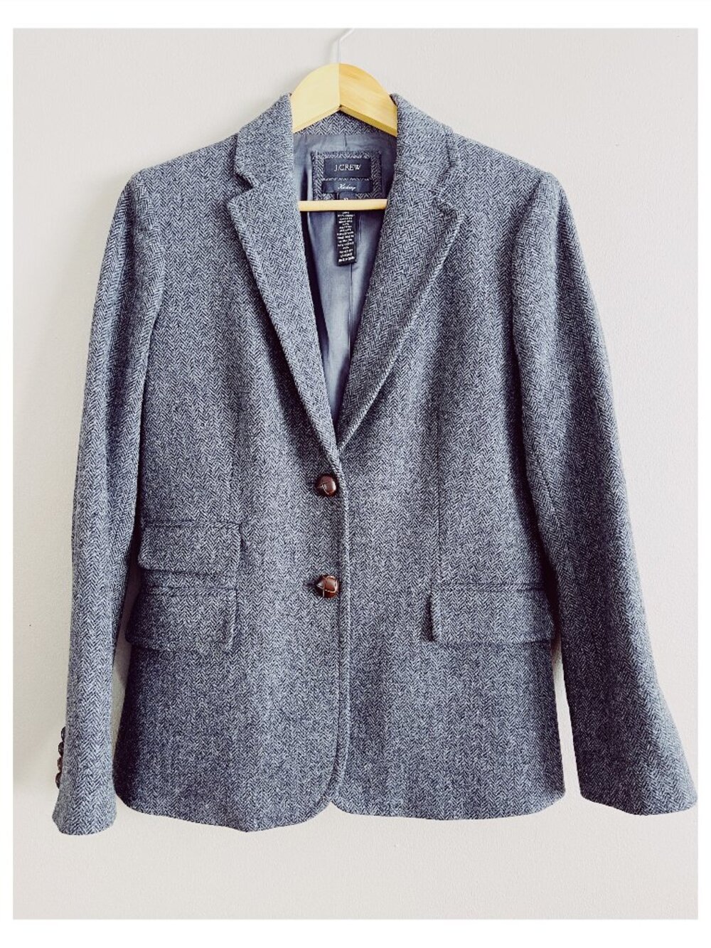 Y2K J.Crew Sz 12 Gray Wool Tweed Equestrian Blazer Single Breasted Classic Style